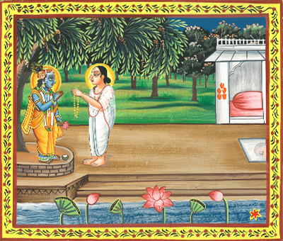 Shri Mahaprabhuji offering Shri Thakorji a soot-pavitra.