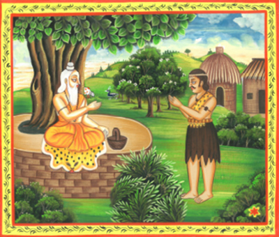 A hunder standing and a rishi sitting under a tree.